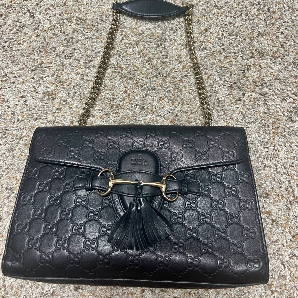 Gucci GG Signature Emily Black Embossed Leather Shoulder Bag